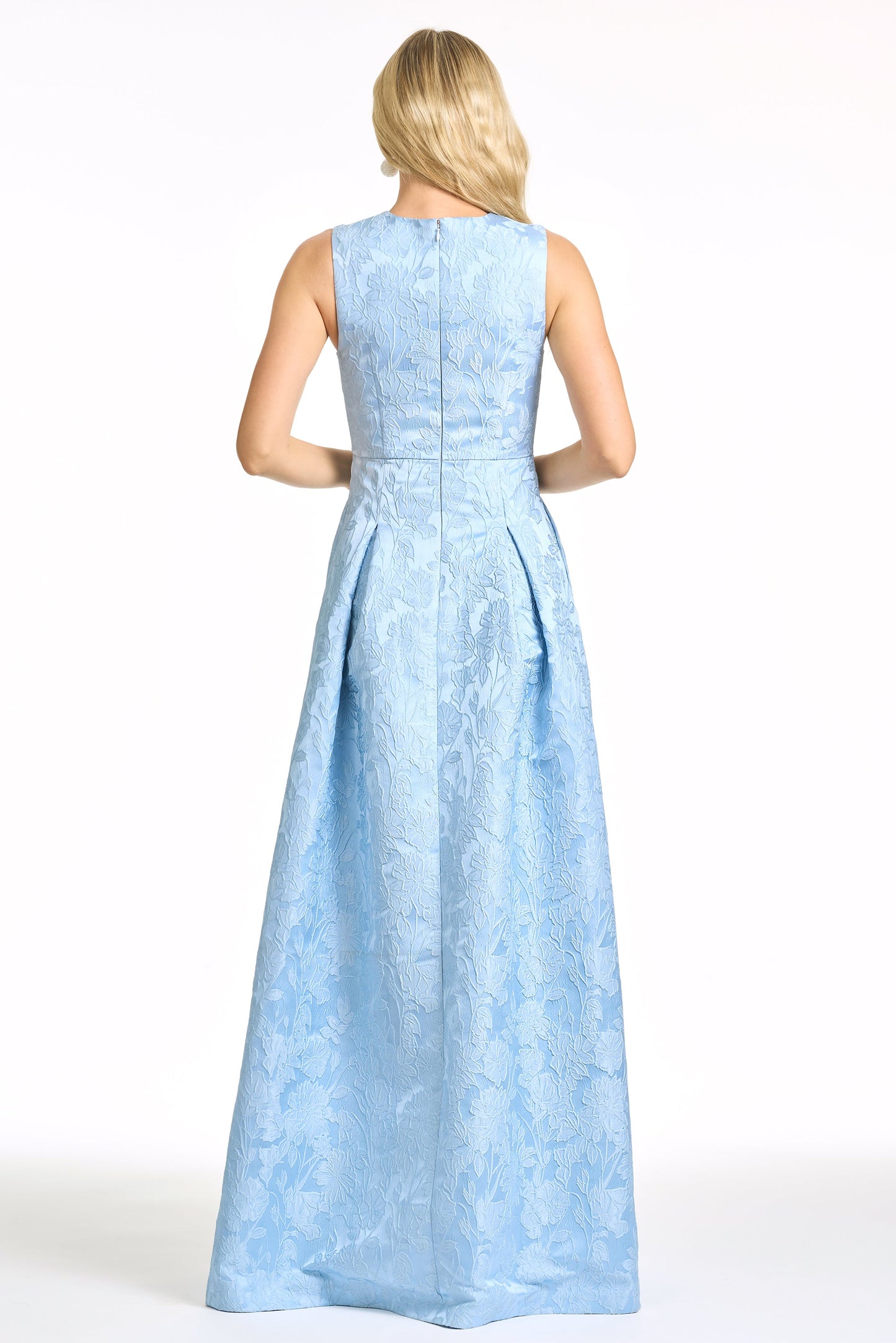 Light Blue V-Neck Jacquard A-Line Maxi Evening Gown with Pockets