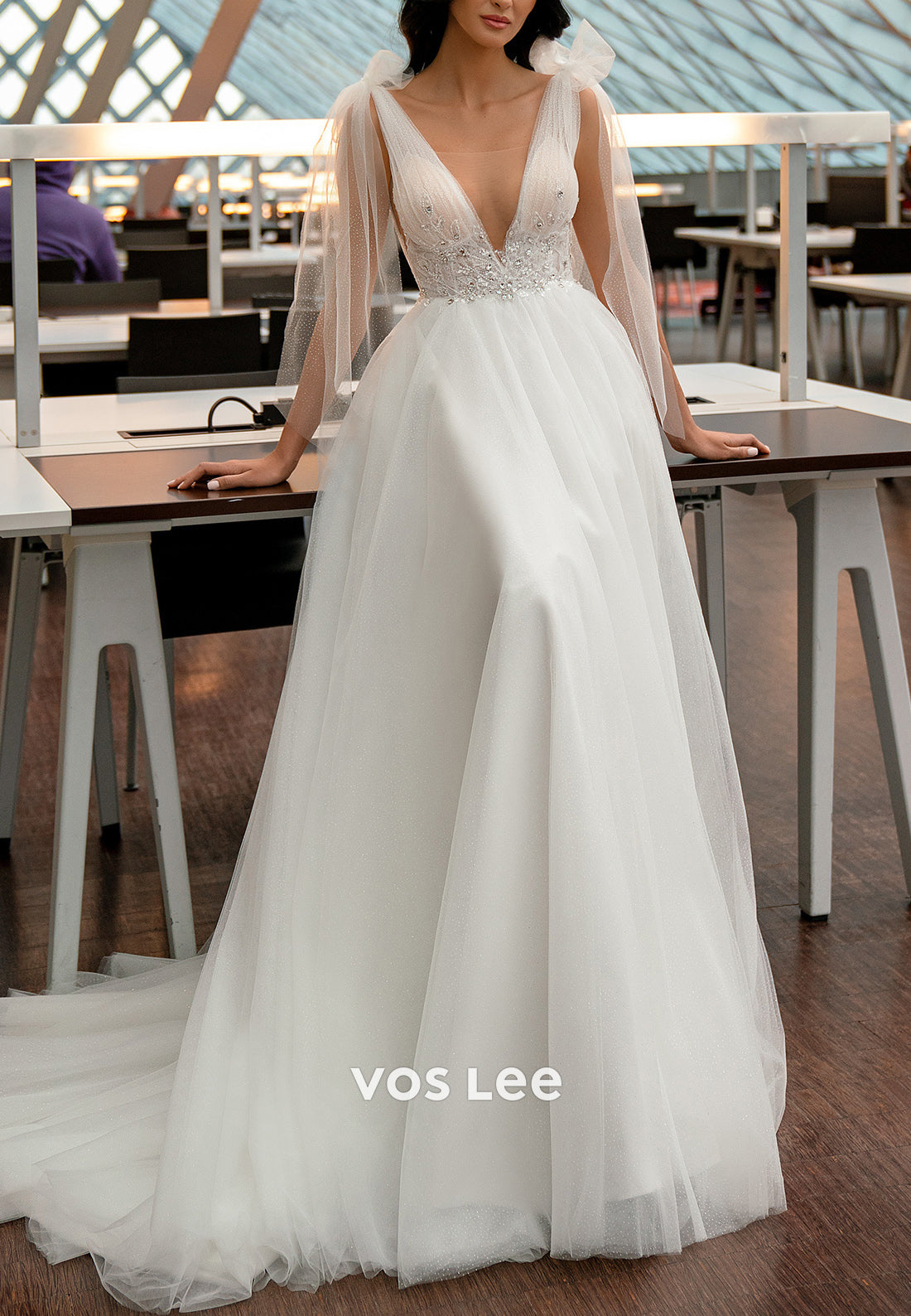 A-Line V Neck Rhinestone Tulle Wedding Dresses with Court Train