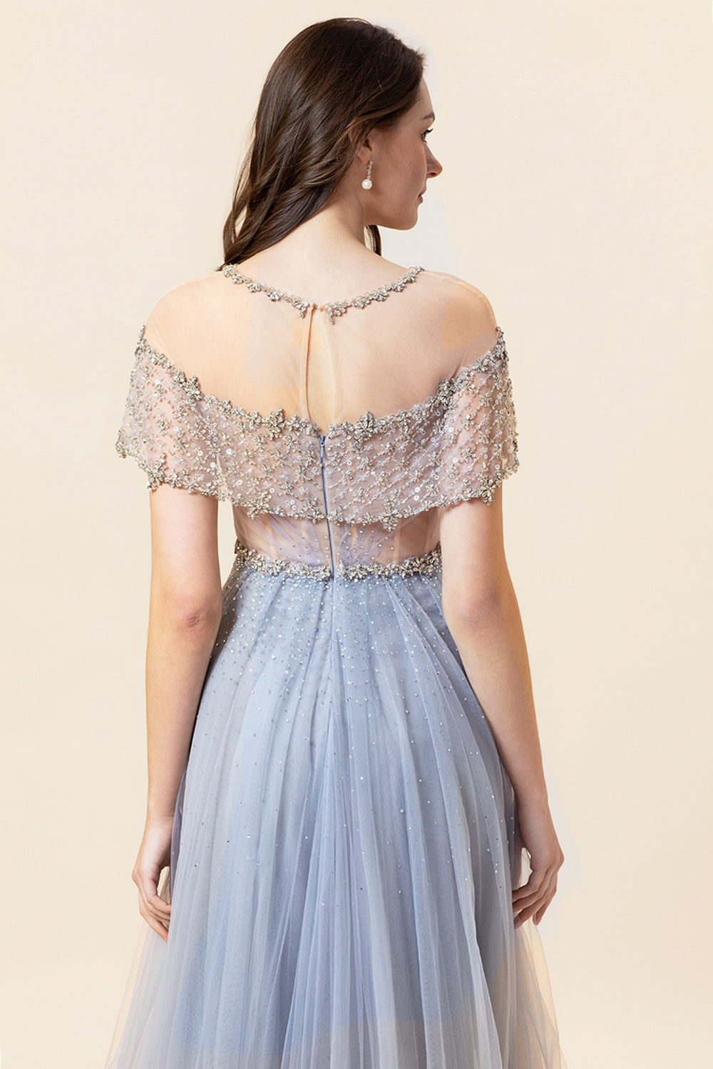 Sparkly Grey A-Line Beaded Long Tulle Evening Dress