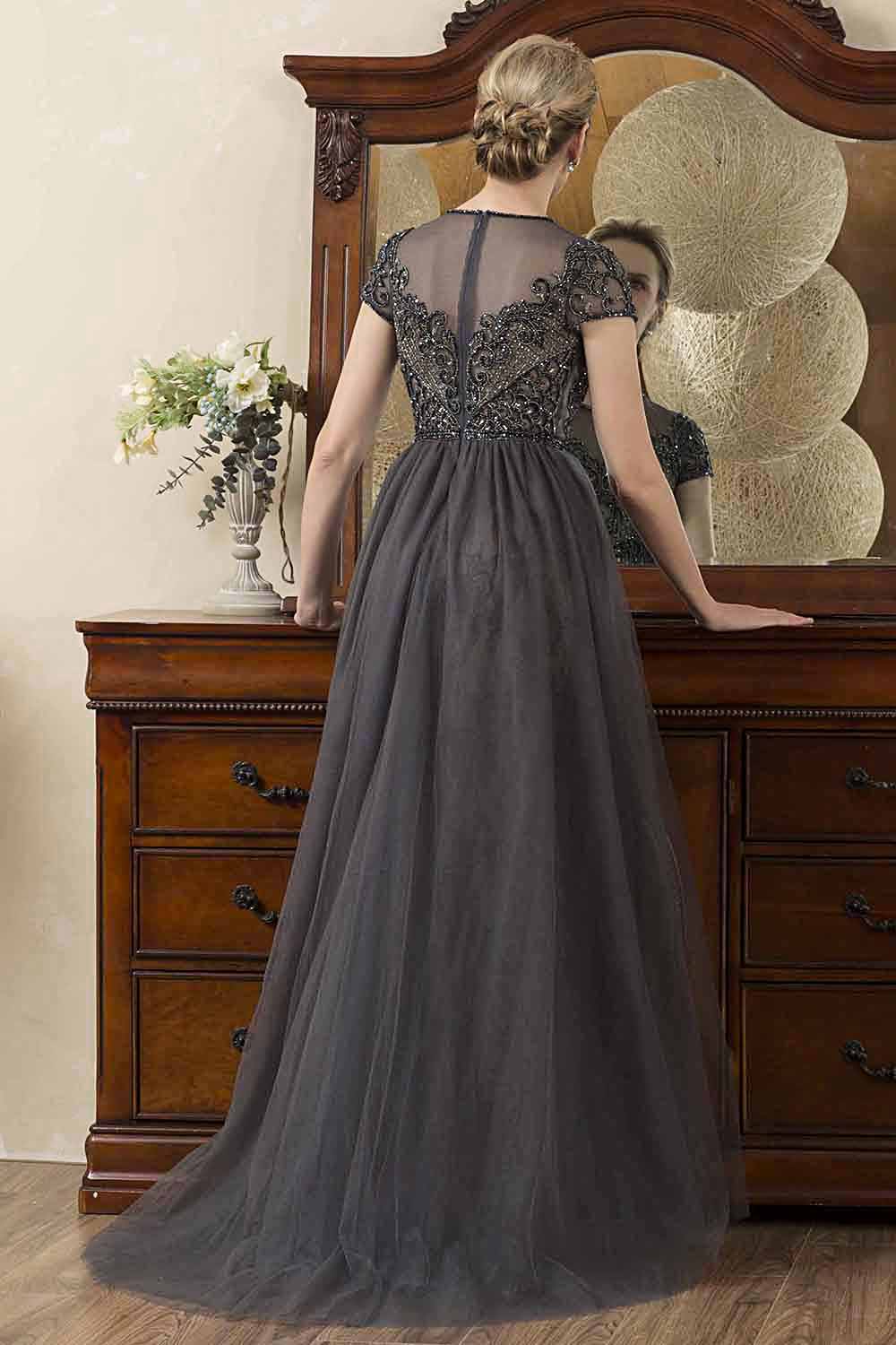 Dark Grey A Line Tulle Beaded Glitter Mother of Bride Dress
