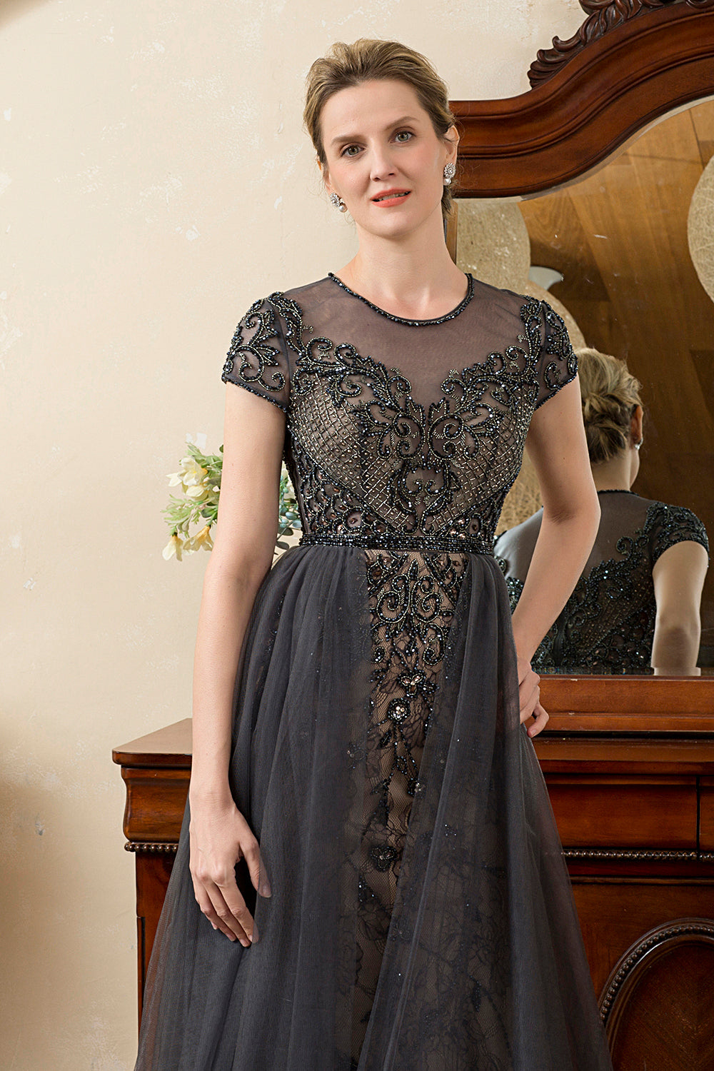Dark Grey A Line Tulle Beaded Glitter Mother of Bride Dress