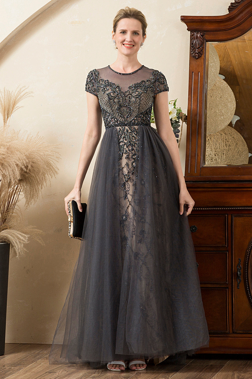 Dark Grey A Line Tulle Beaded Glitter Mother of Bride Dress