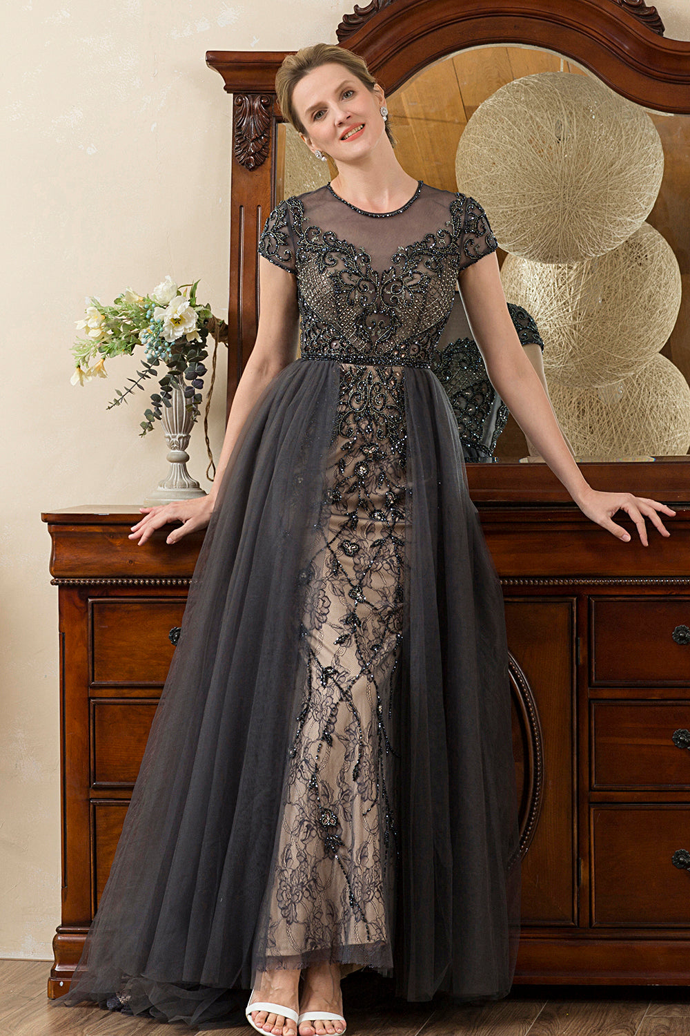 Dark Grey A Line Tulle Beaded Glitter Mother of Bride Dress