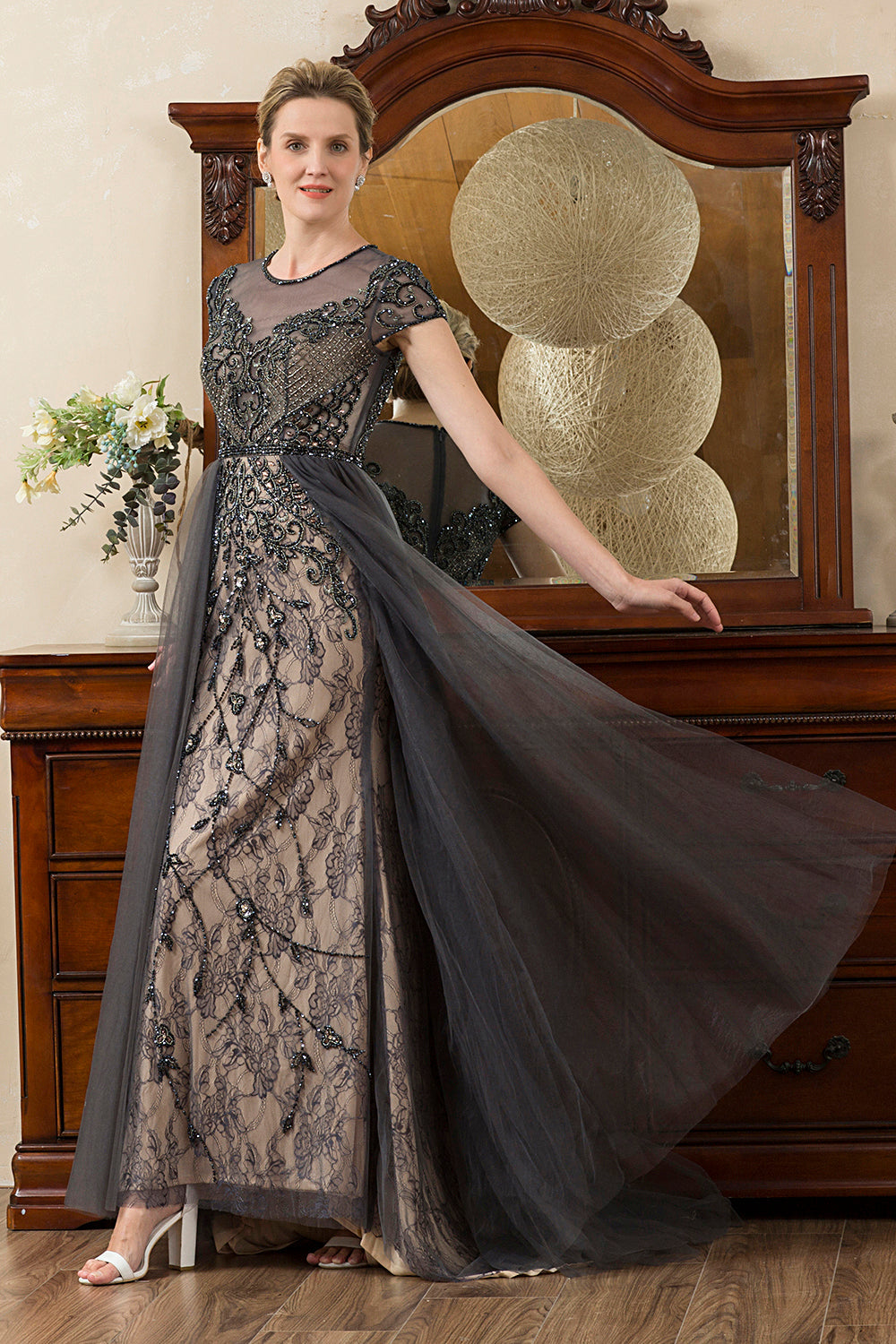 Dark Grey A Line Tulle Beaded Glitter Mother of Bride Dress