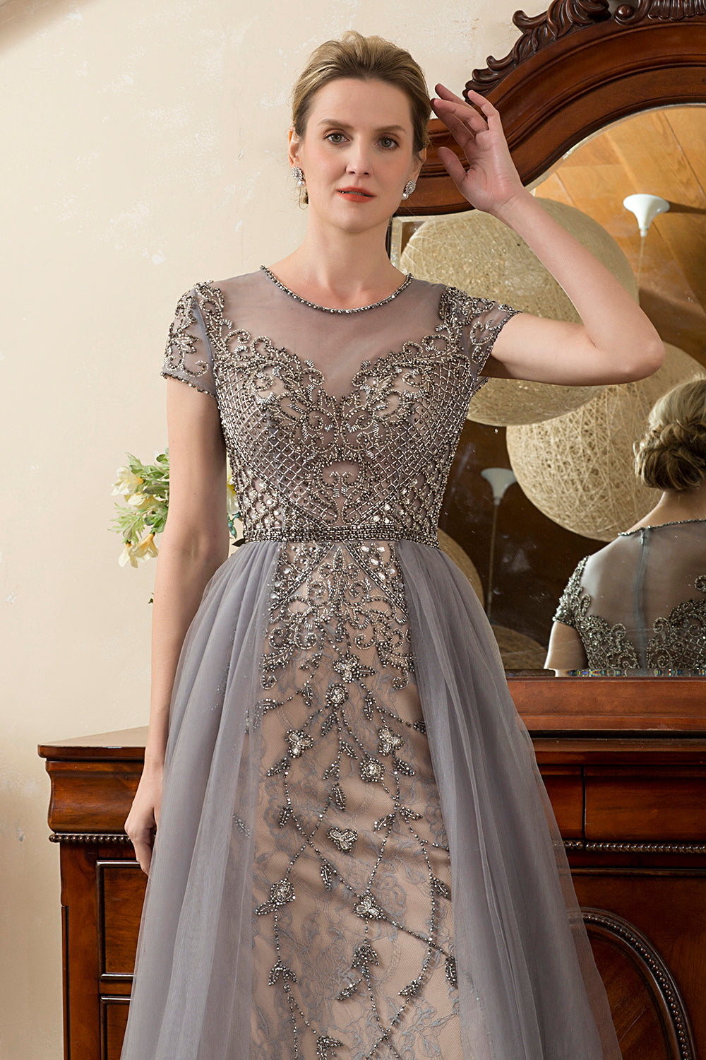 Dark Grey A Line Tulle Beaded Glitter Mother of Bride Dress