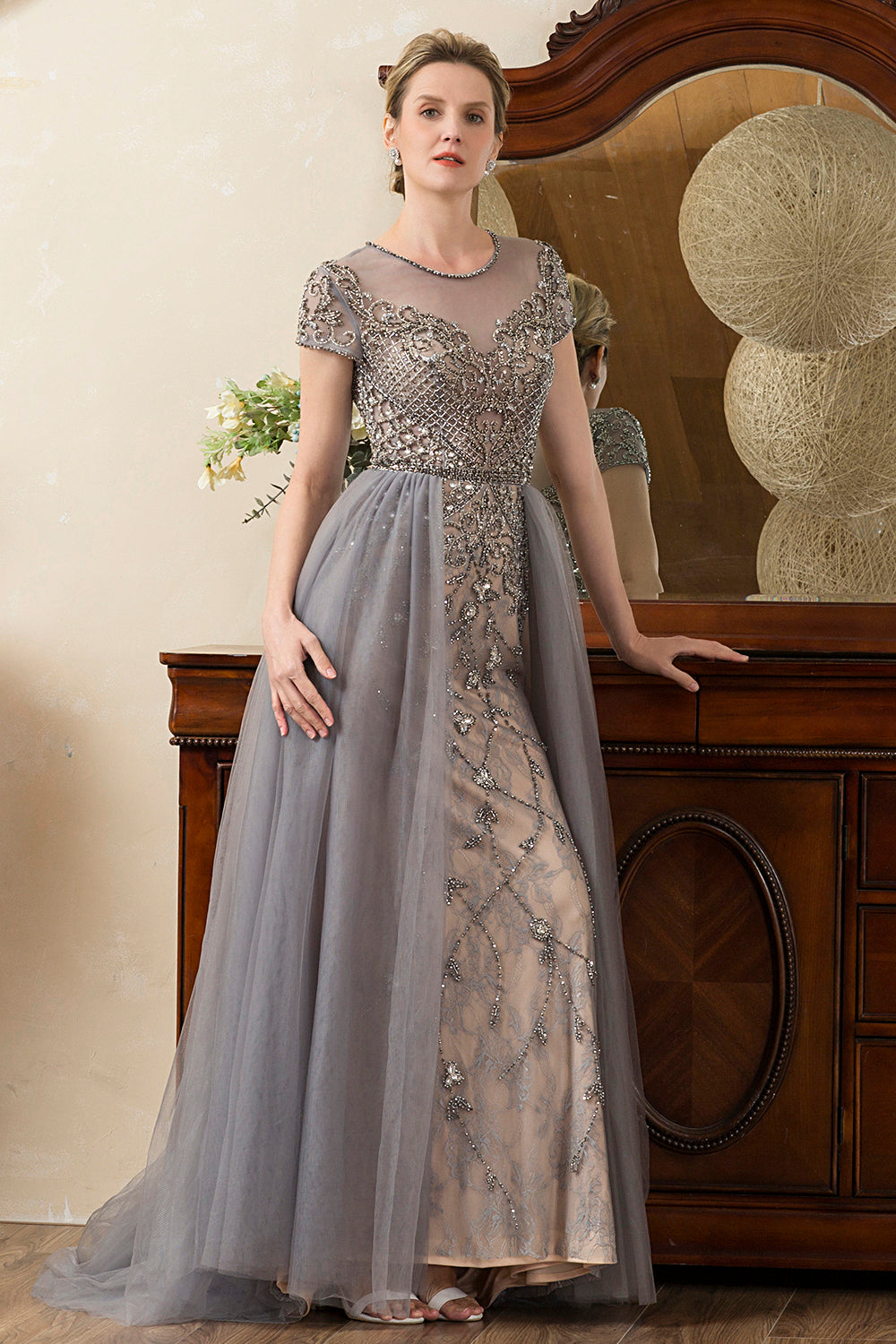 Dark Grey A Line Tulle Beaded Glitter Mother of Bride Dress