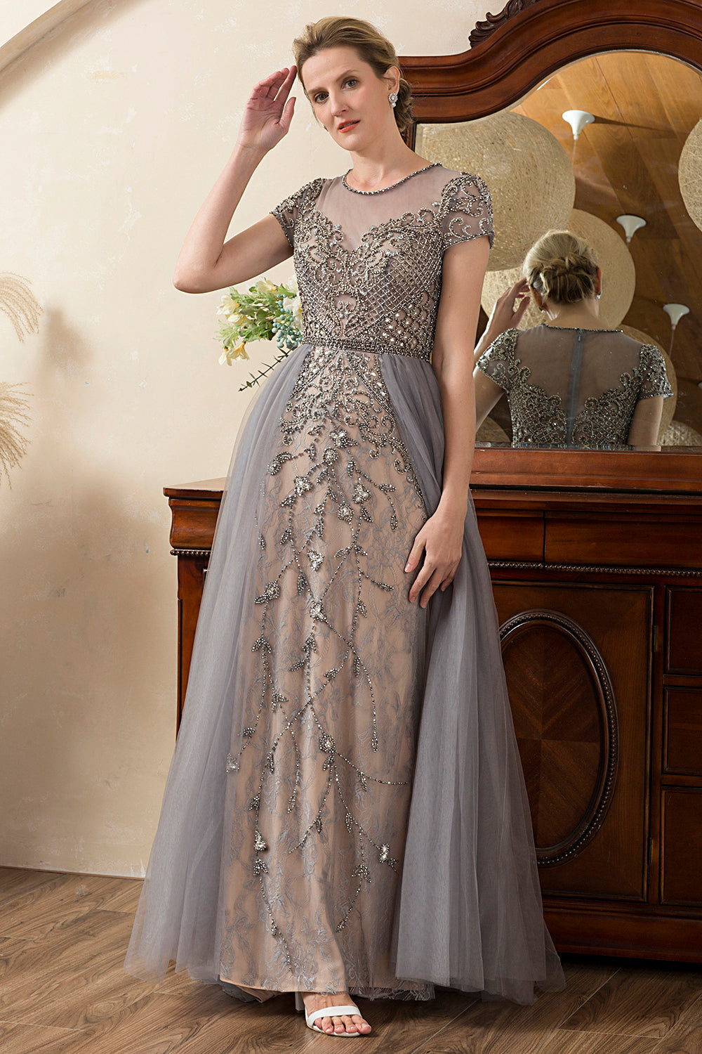 Dark Grey A Line Tulle Beaded Glitter Mother of Bride Dress