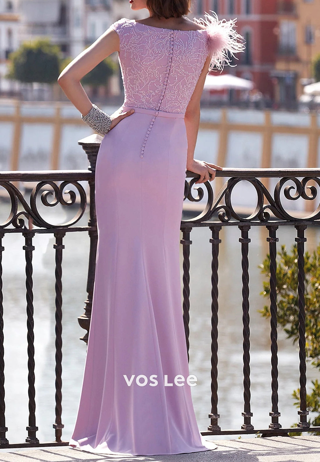 Pink V Neck Feather Floor-Length Beading Mermaid Mother of Bride Dresses