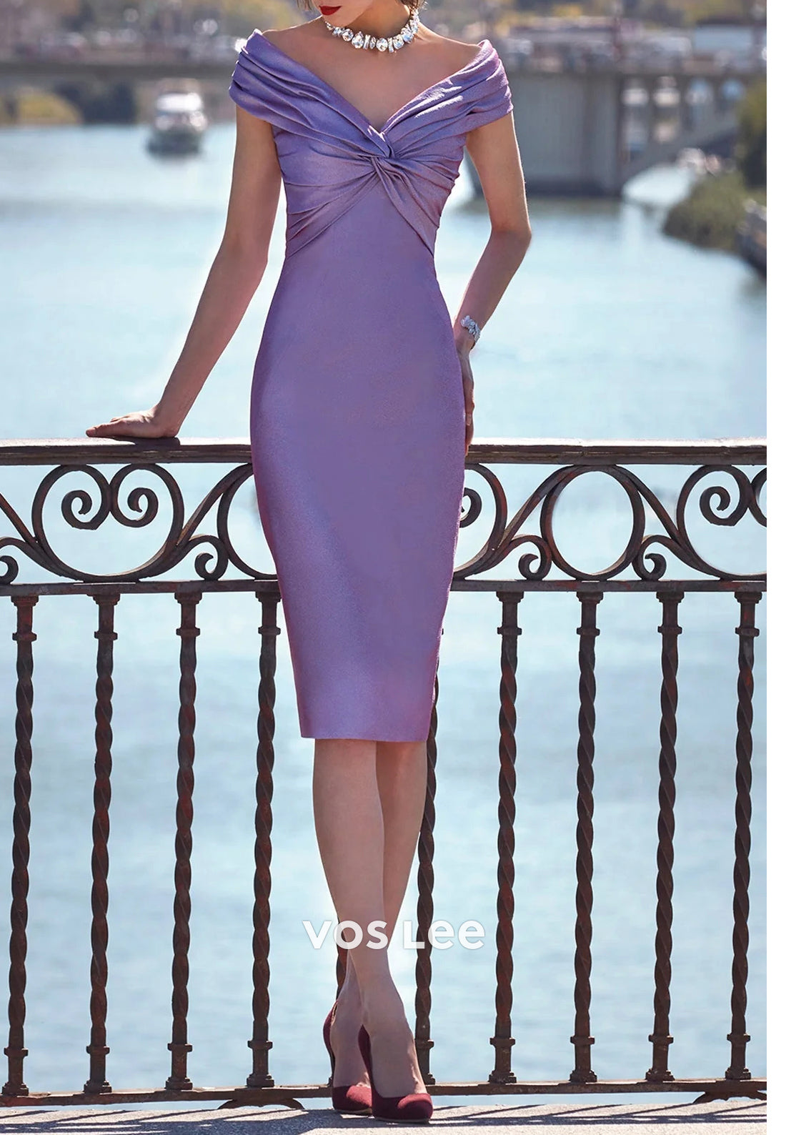 Tahiti Off the Shoulder Mermaid Pleated Tea-Length Mother of Bride Dresses