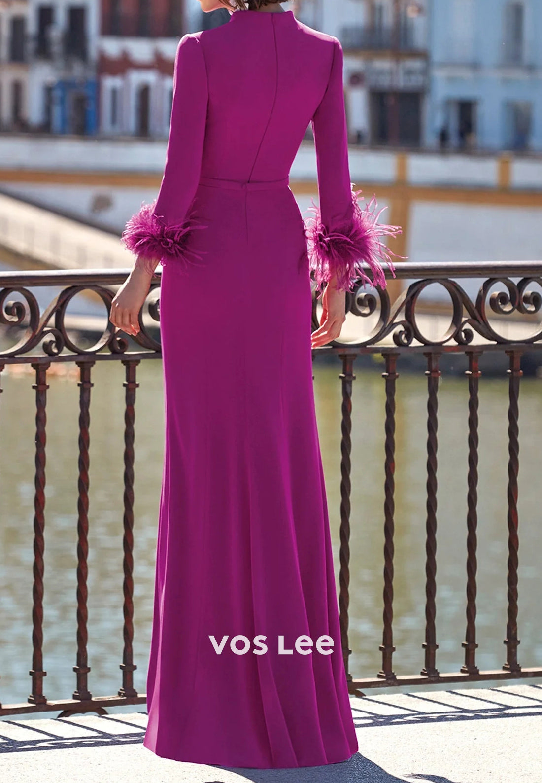 3/4 Sleeve Feather V Neck Floor-Length Mermaid Mother of Bride Dresses