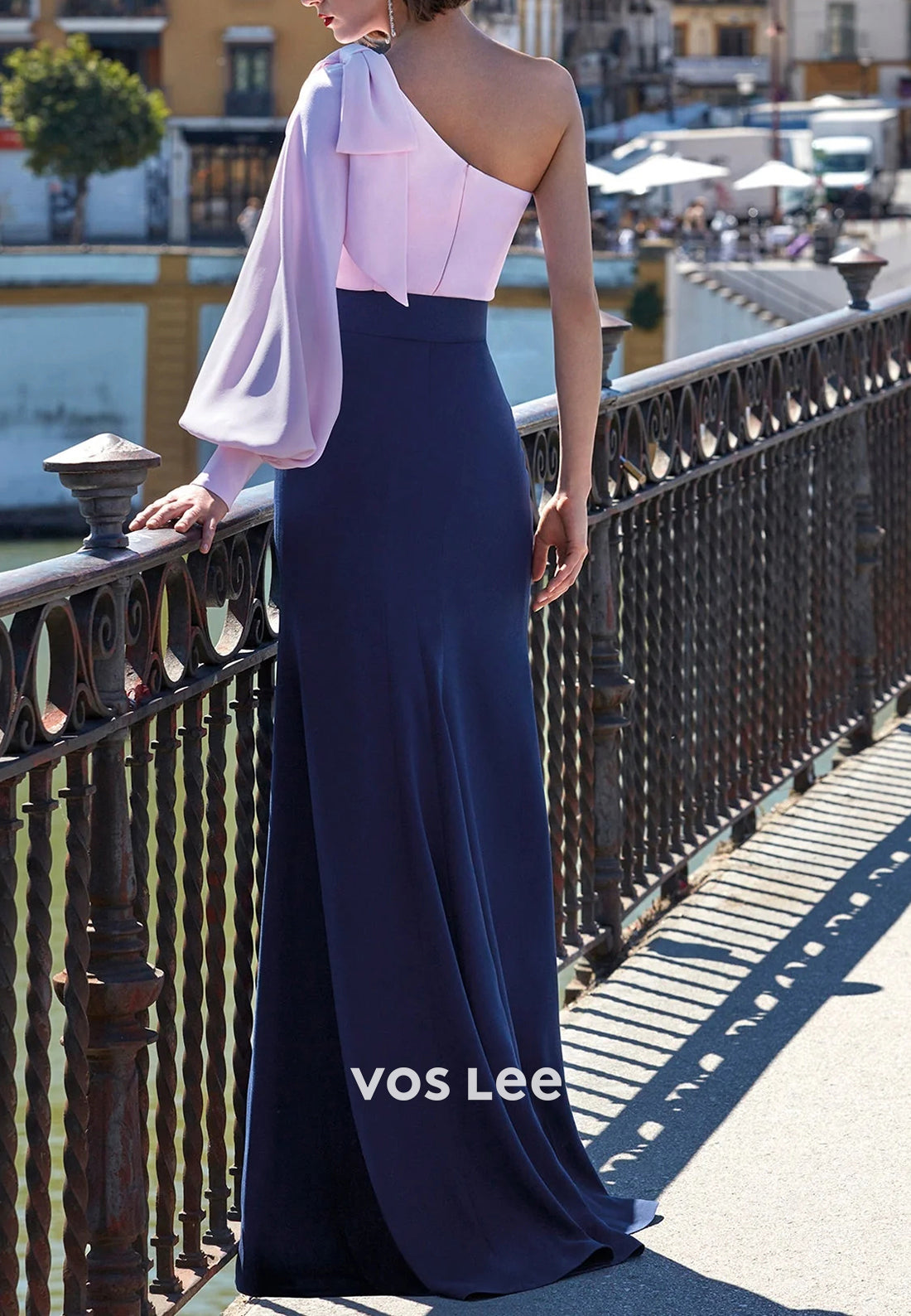 Long Sleeve One Shoulder Bowknot Pleated Sheath Mother of Bride Dresses