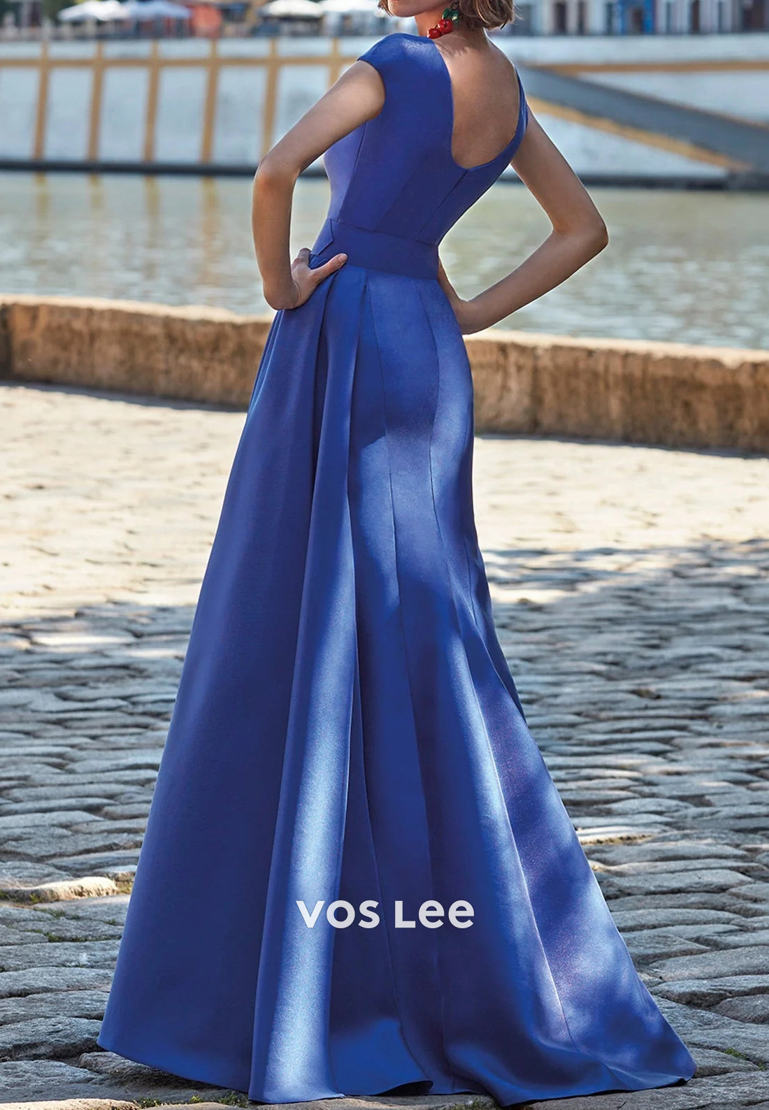 Royal Blue Cap Straps V Neck Sheath Long Mother of Bride Dresses