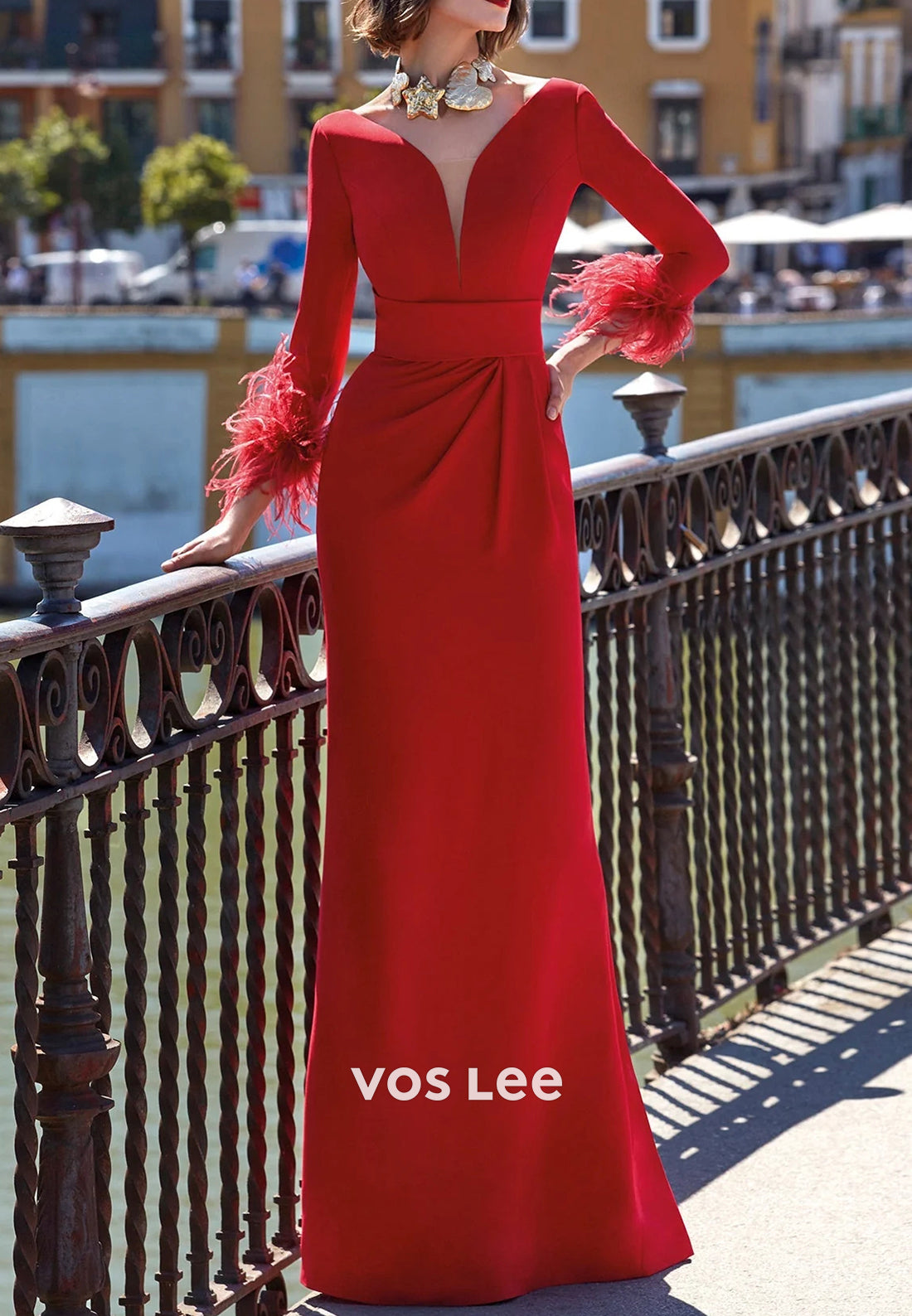 Red V Neck 3/4 Sleeve Feather Mermaid Mother of Bride Dresses