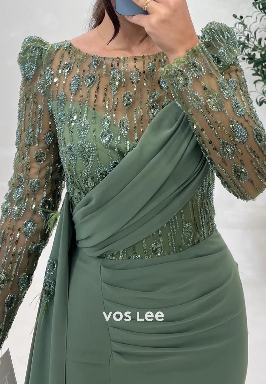 Long Sleeves Pleated Mermaid Evening Dress Mother of the Bride Dress with Slit