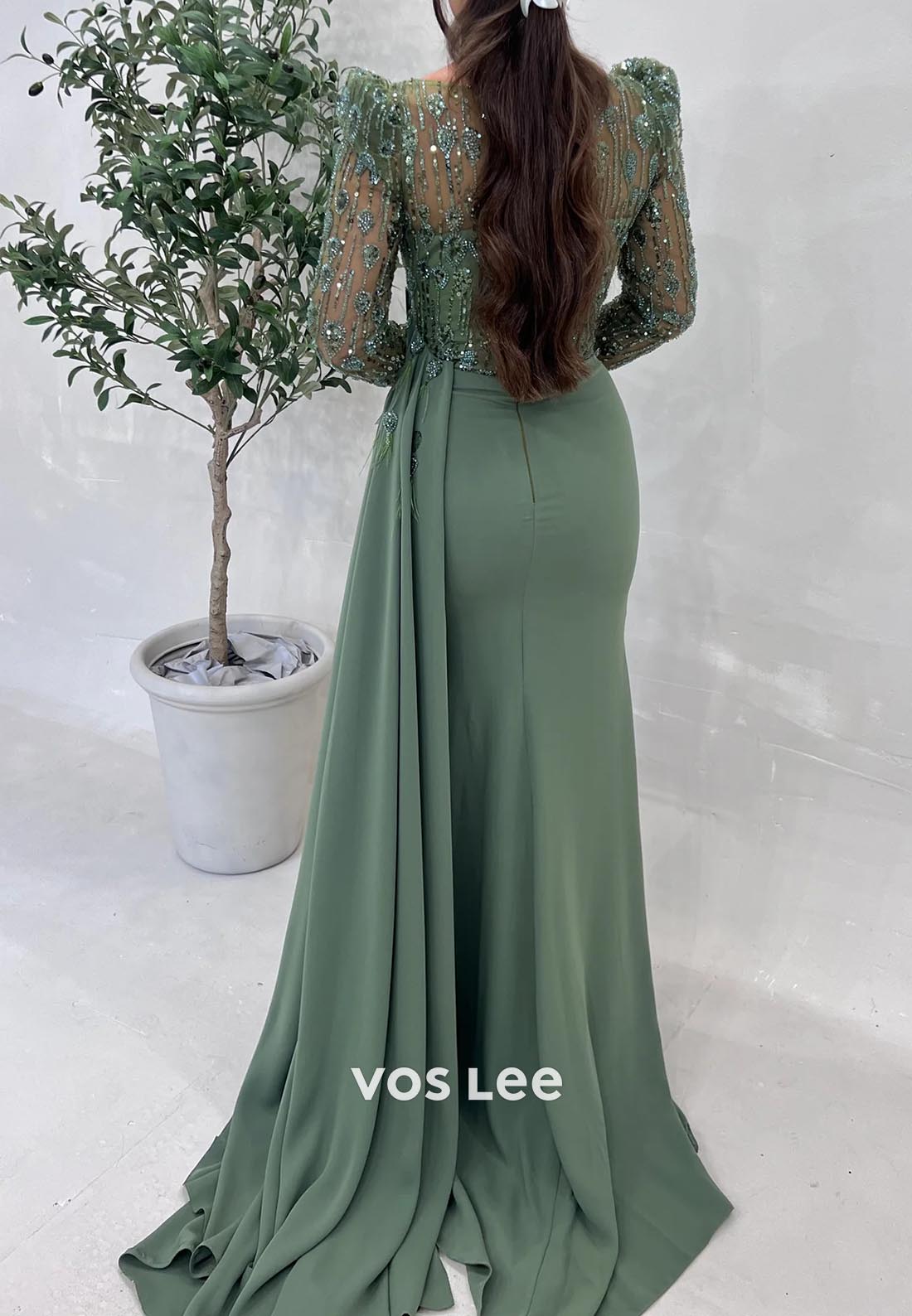 Long Sleeves Pleated Mermaid Evening Dress Mother of the Bride Dress with Slit