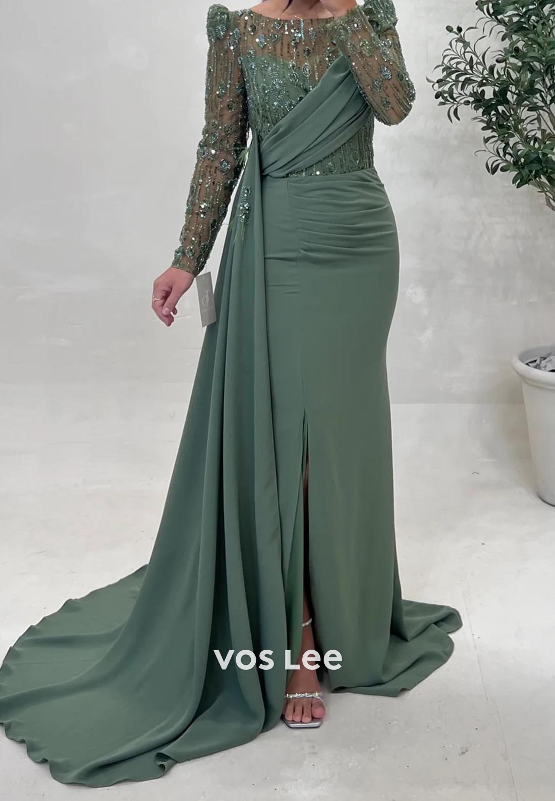 Long Sleeves Pleated Mermaid Evening Dress Mother of the Bride Dress with Slit
