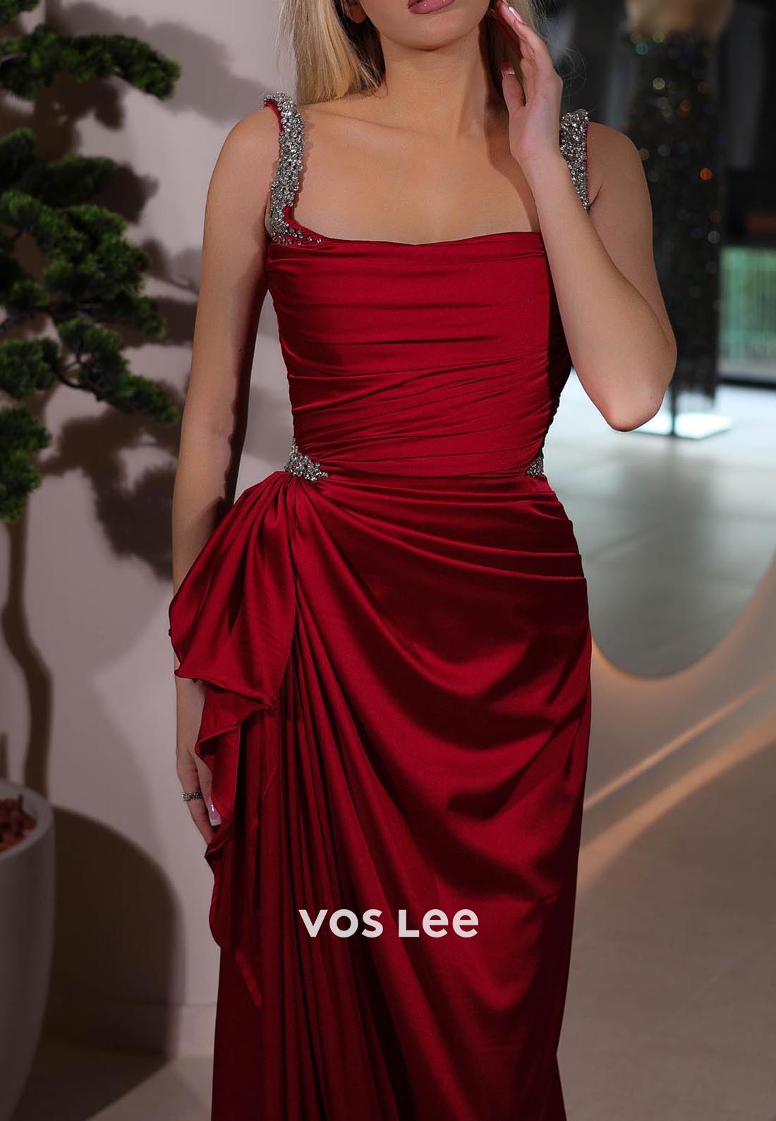 Glamorous & Dramatic Spaghetti Straps Prom Dresses with Pleated High Split