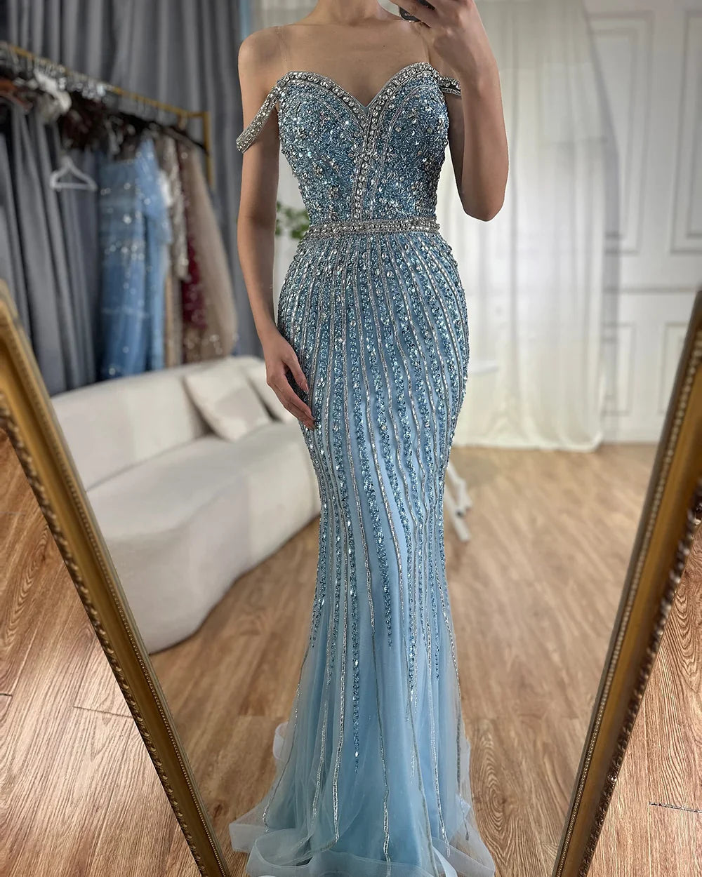 Luxury Dubai Blue Prom Mermaid Gown Beaded Luxury Saudi Evening Dress for Formal Occasion