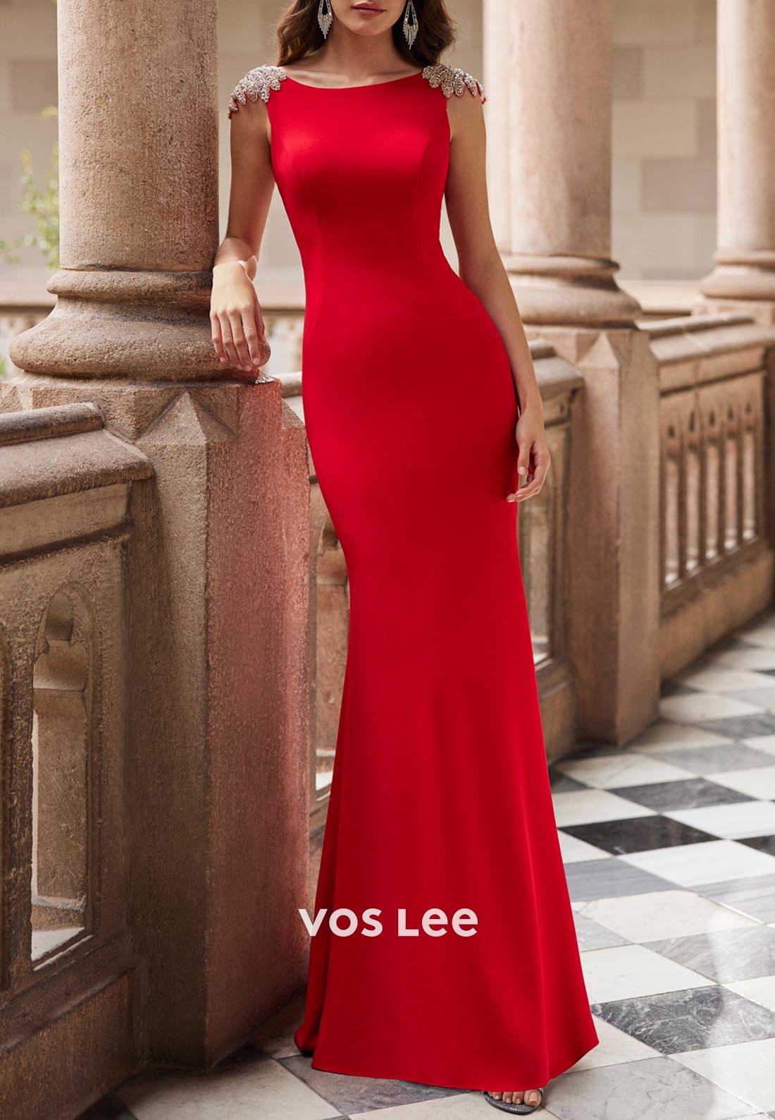 Semi Formal Scoop Rhinestone Appliqued Floor-Length Mermaid Mother of Bride Dresses