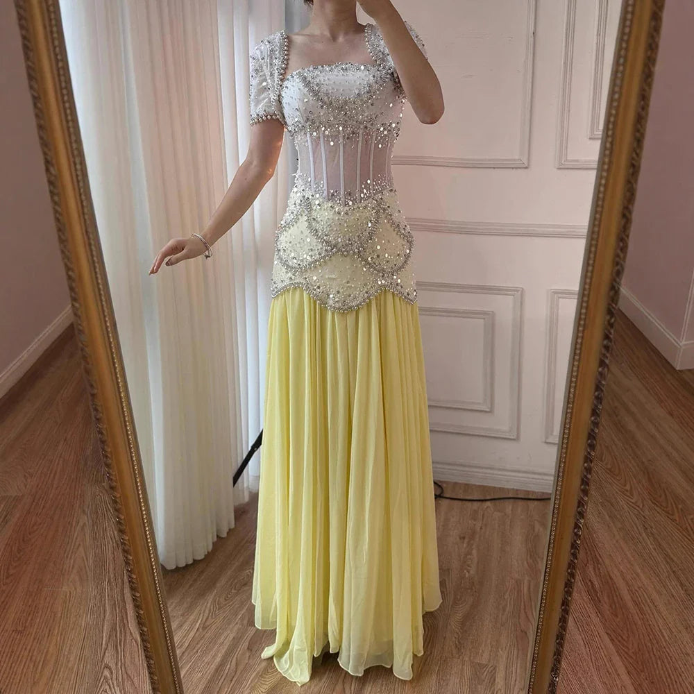 Luxury Yellow Pearls A-Line Evening Dress with Flowing Coat