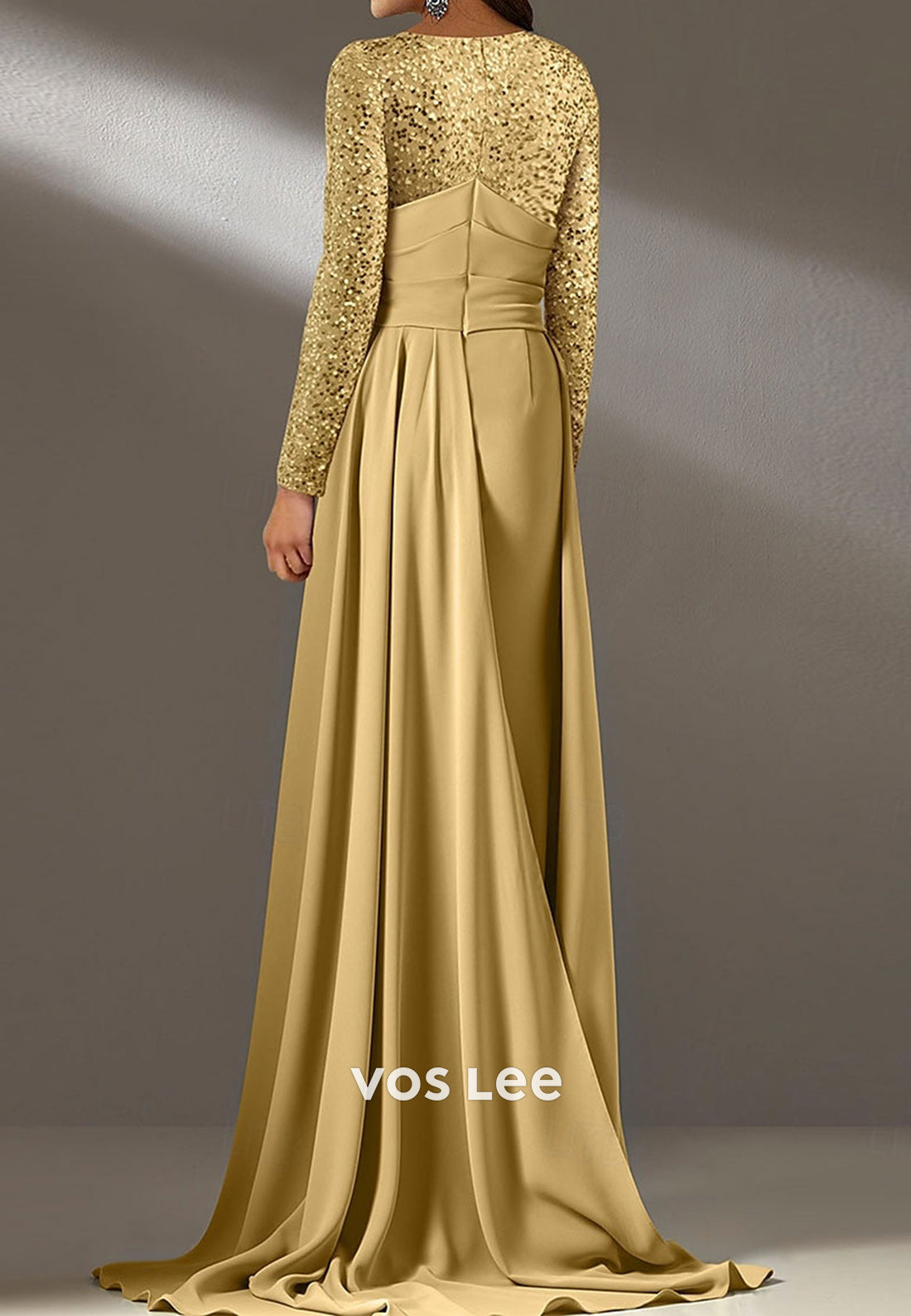 Gold Sequined Long Sleeve Scoop Mermaid Evening Dresses with Sweep Train
