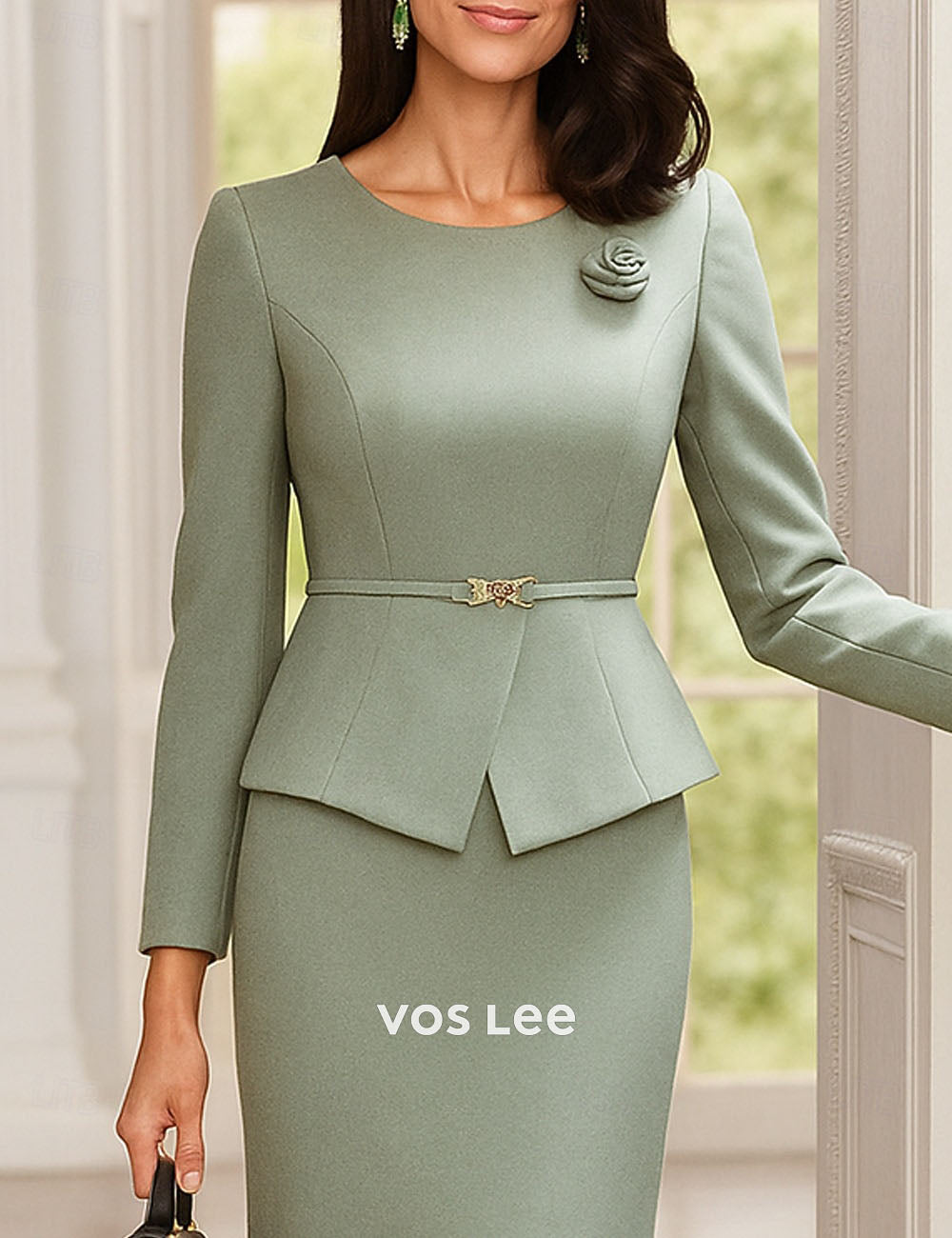 Elegant Sage Green Mother of the Bride Dress with Peplum Waist | Formal Wedding Guest Outfit