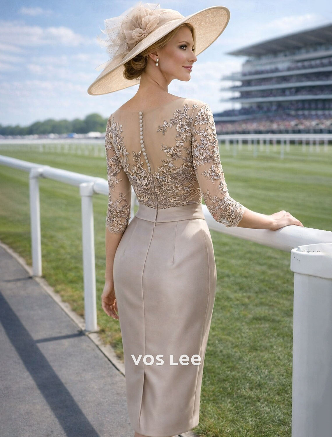 Champagne Lace & Satin Sheath Dress 3/4 Sleeve Illusion Neckline Mother of the Bride Dress