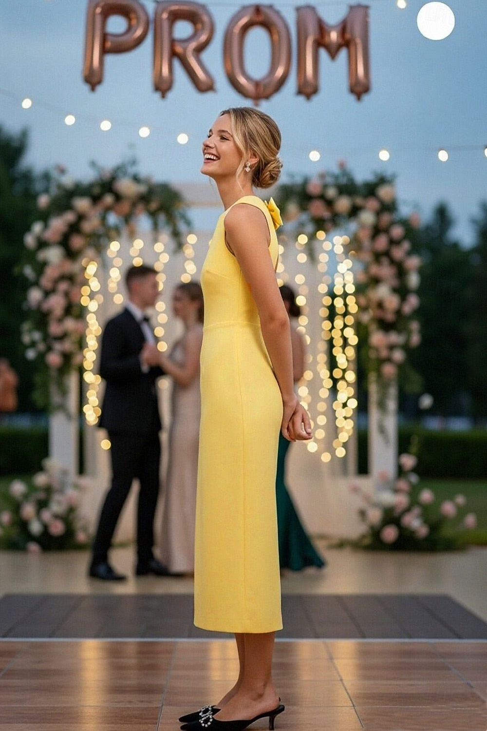Yellow 3D Floral Sleeve Cocktail Dress | Tea-Length Sheath Formal Dress