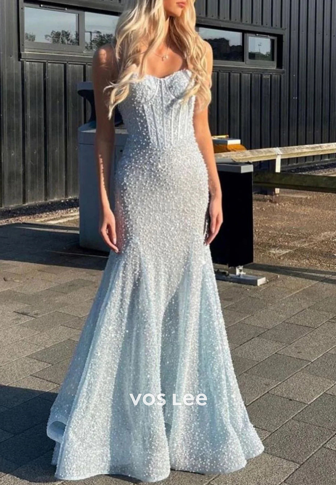 Sparkling Spaghetti Straps Sweetheart Pleated Mermaid Prom Dresses with Sweep Train