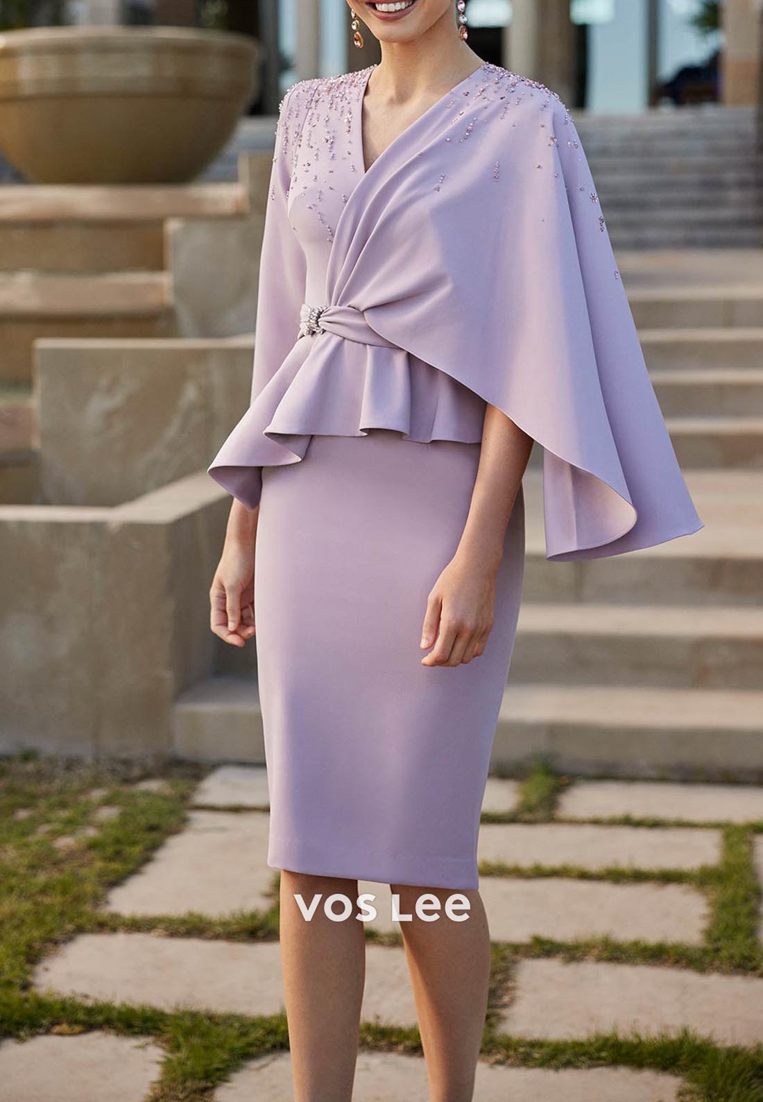 Classic Long Sleeve V Neck Beaded Knee-Length Pleated Sheath Mother of Bride Dresses