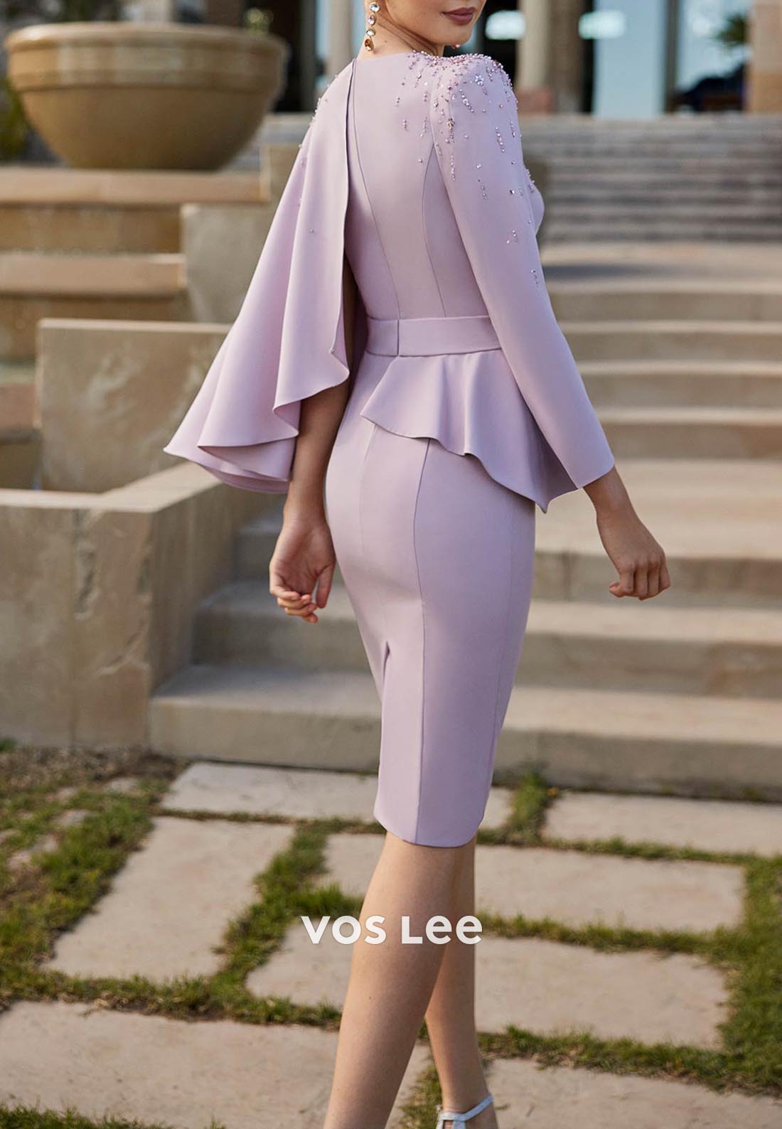 Classic Long Sleeve V Neck Beaded Knee-Length Pleated Sheath Mother of Bride Dresses