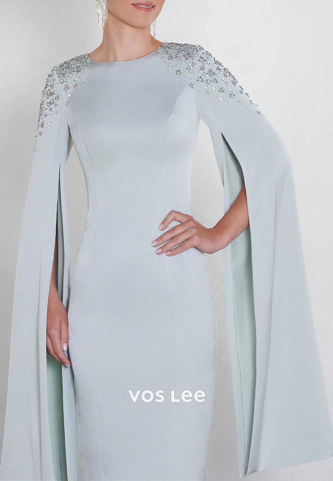 Sparkling Long Sleeves Scoop Rhinestone Beaded Ruched Mermaid Mother of Bride Dresses