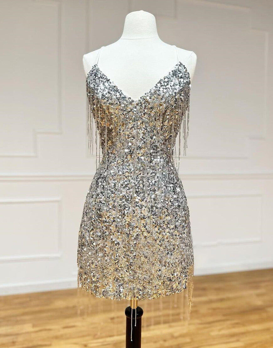 Silver V-Neck Glitter Sequin Homecoming Dress With Fringe – VOS LEE