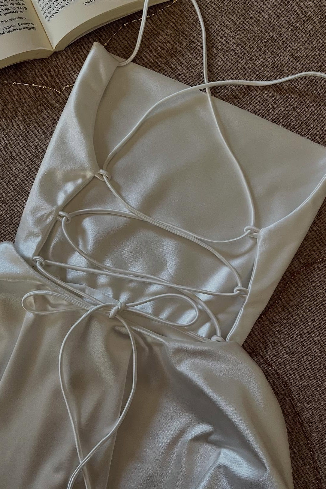 Simple A Line Spaghetti Straps White Satin Short Homecoming Dress with Criss Cross Back