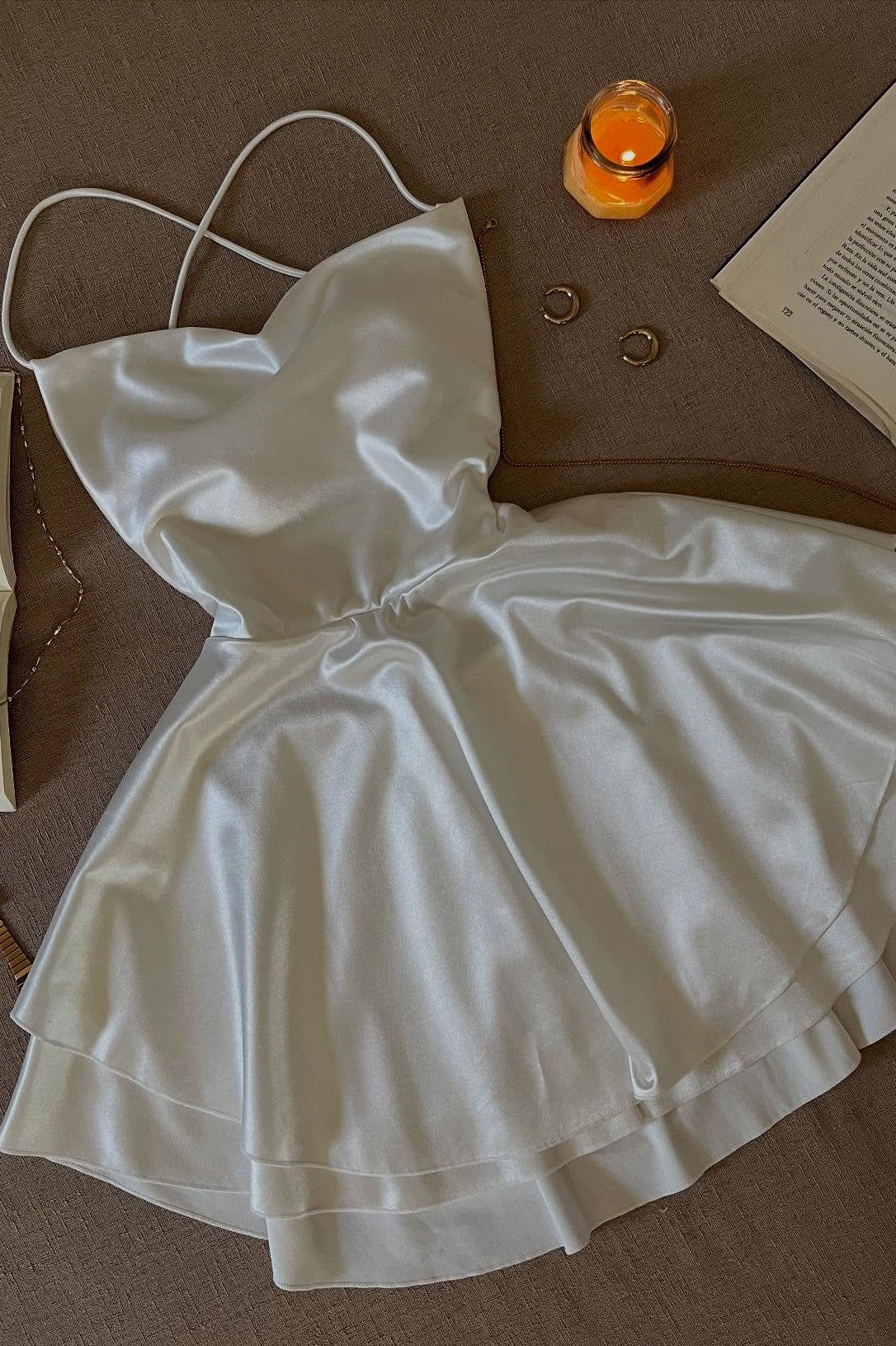 Simple A Line Spaghetti Straps White Satin Short Homecoming Dress with Criss Cross Back