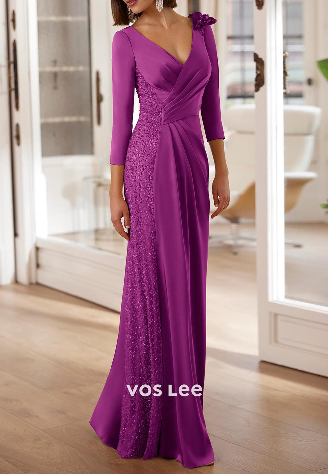 3/4 Sleeve V Neck Pleated Floral Embossed Floor-Length Sheath Mother of Bride Dresses