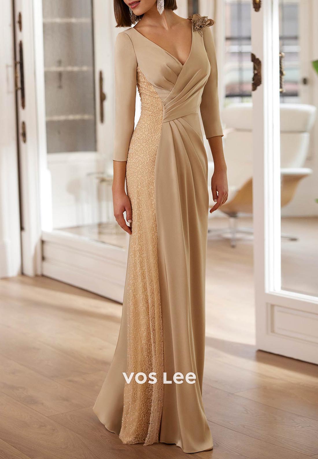 3/4 Sleeve V Neck Pleated Floral Embossed Floor-Length Sheath Mother of Bride Dresses