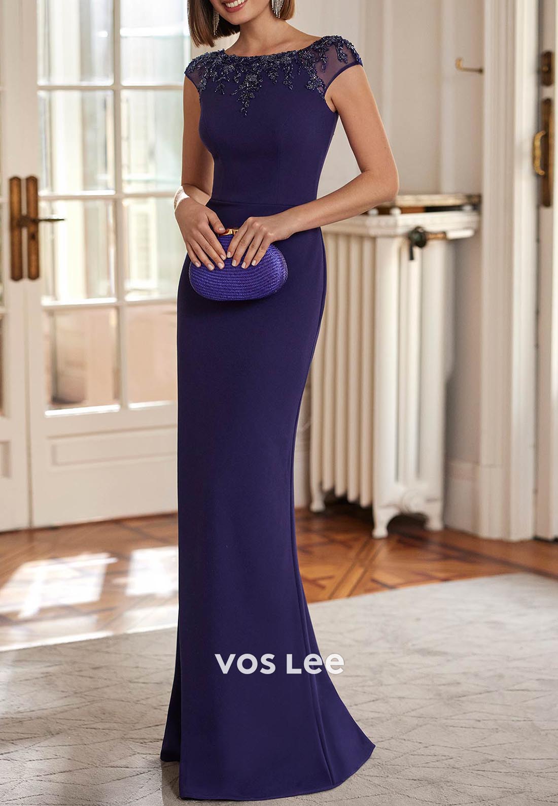 Cap Sleeves Scoop Beaded Embellished Floor-Length Mermaid Mother of Bride Dresses