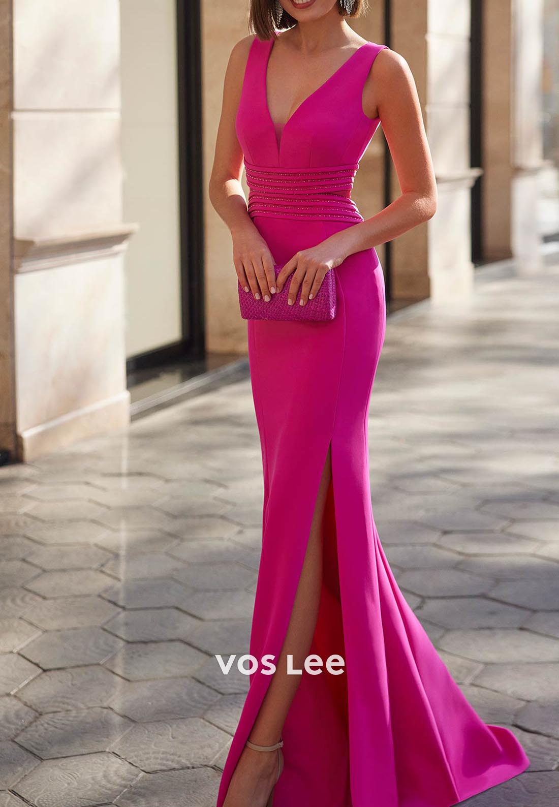 Classic Empire Waist V Neck Ruched Mermaid Mother of Bride Dresses with Side spilt