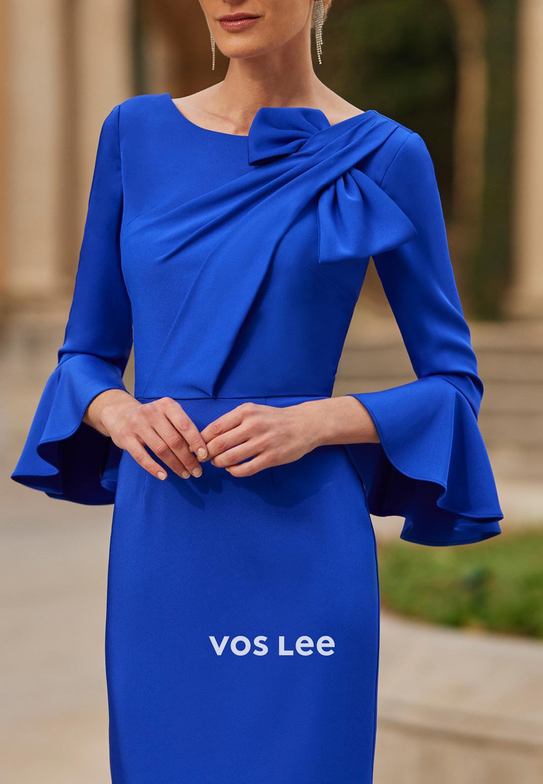 Royal Blue Bell Sleeves Scoop Ruched Bowknot Ankle-Length Mother of Bride Dresses