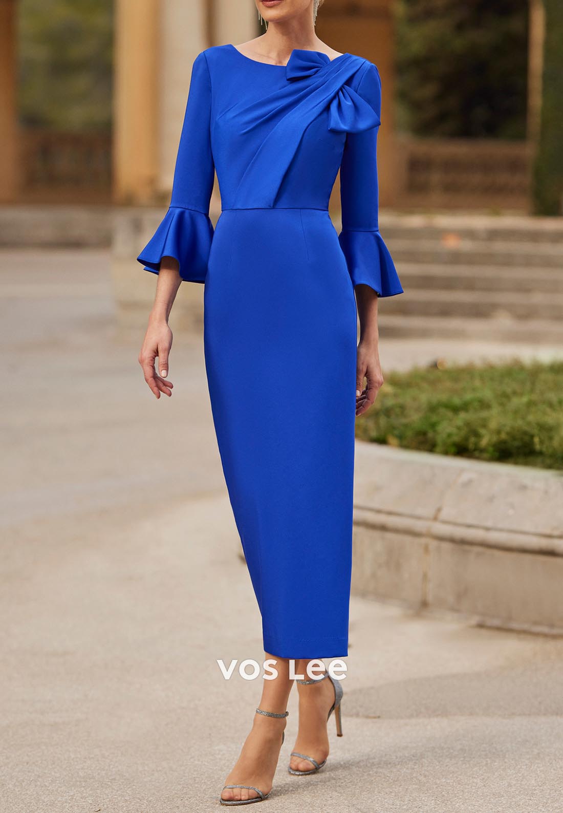Royal Blue Bell Sleeves Scoop Ruched Bowknot Ankle-Length Mother of Bride Dresses