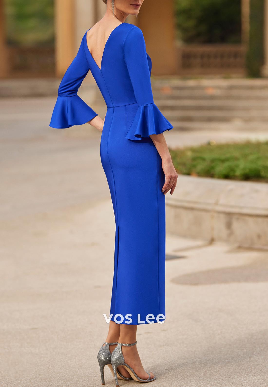 Royal Blue Bell Sleeves Scoop Ruched Bowknot Ankle-Length Mother of Bride Dresses