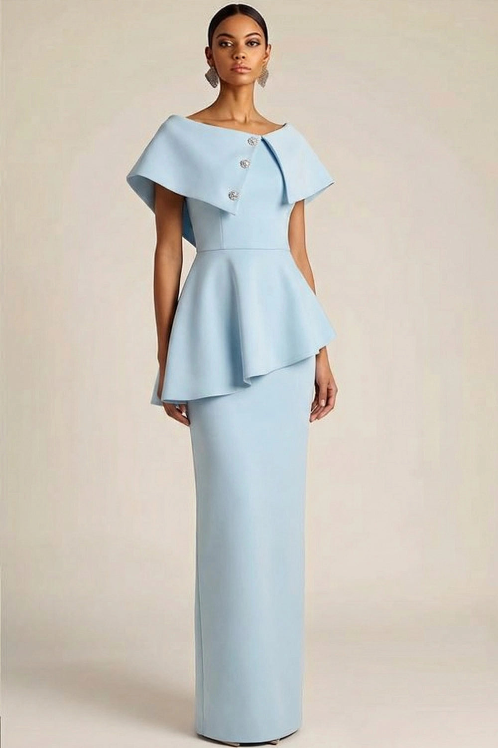 Formal Sky Blue Evening Dress with Peplum Detail - Long Sleeve Mother's Dress