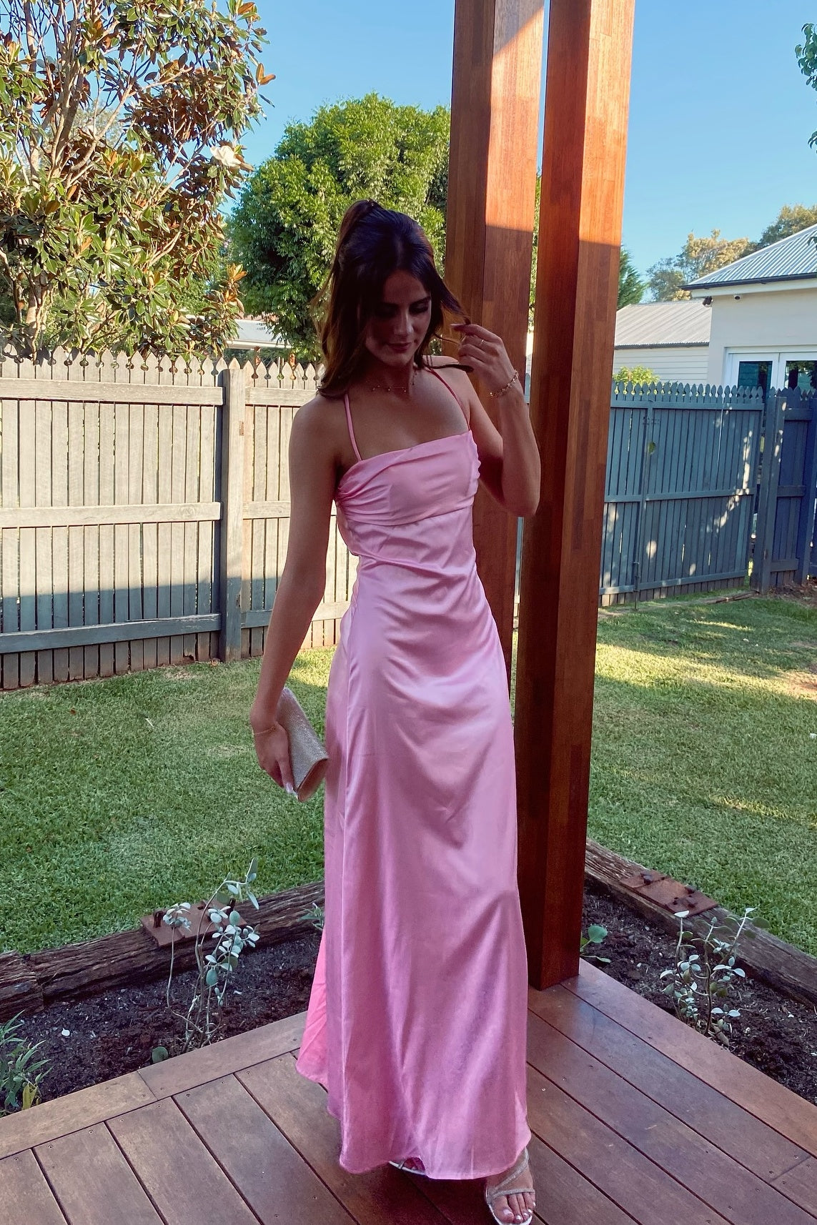 Spaghetti Straps Pink A-line Long Dress with Slit