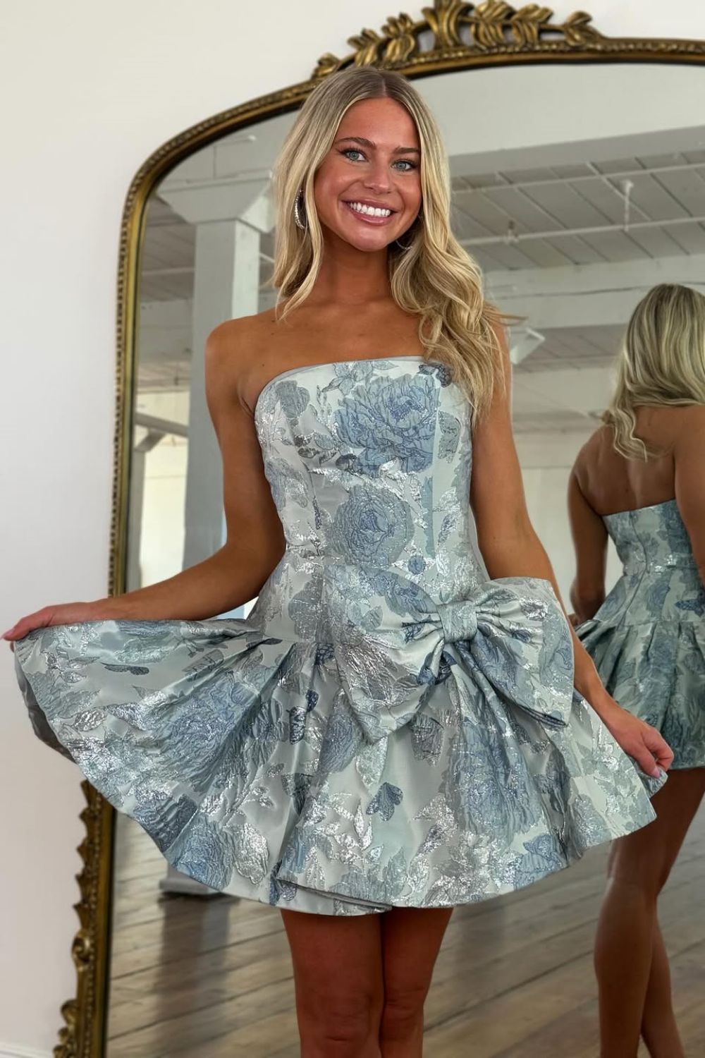 Stylish A Line Strapless Grey Blue Printed Short Homecoming Dress with Bowknot