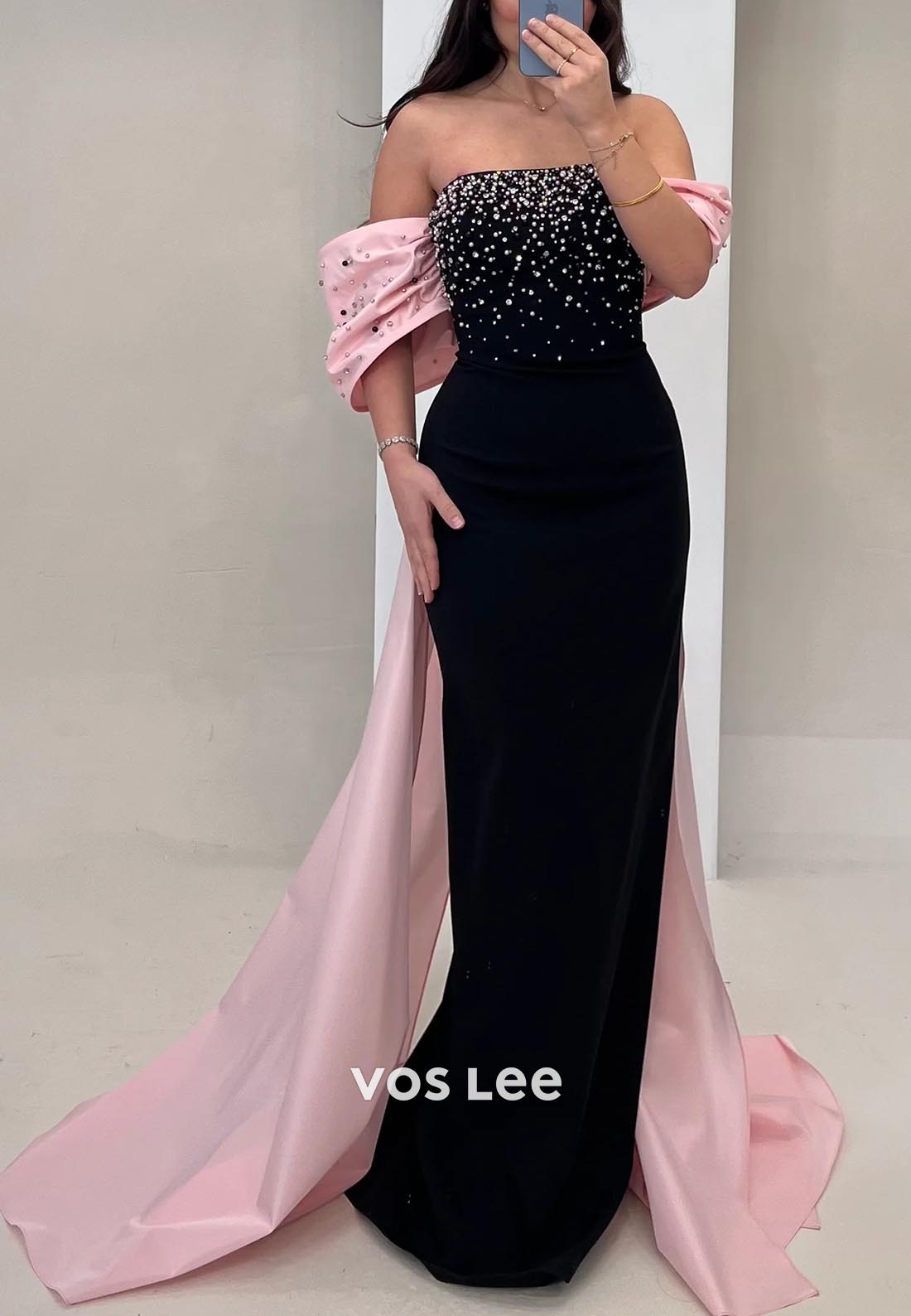 Tube Top Pearl Rhinestone Mermaid Evening Dress Prom Dresses with Train