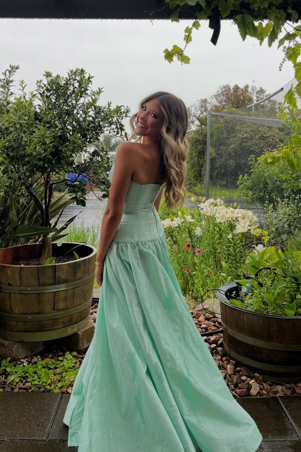 Strapless Mint Green Ruched A-line Long Dress with Slit