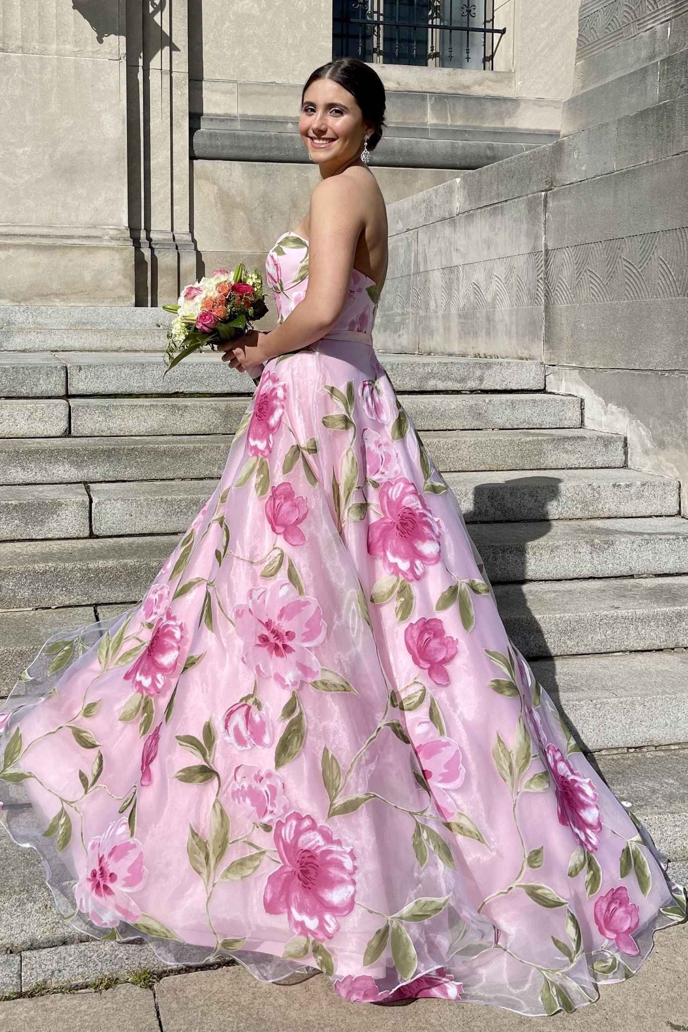 Strapless Pink Floral Print A-line Long Dress