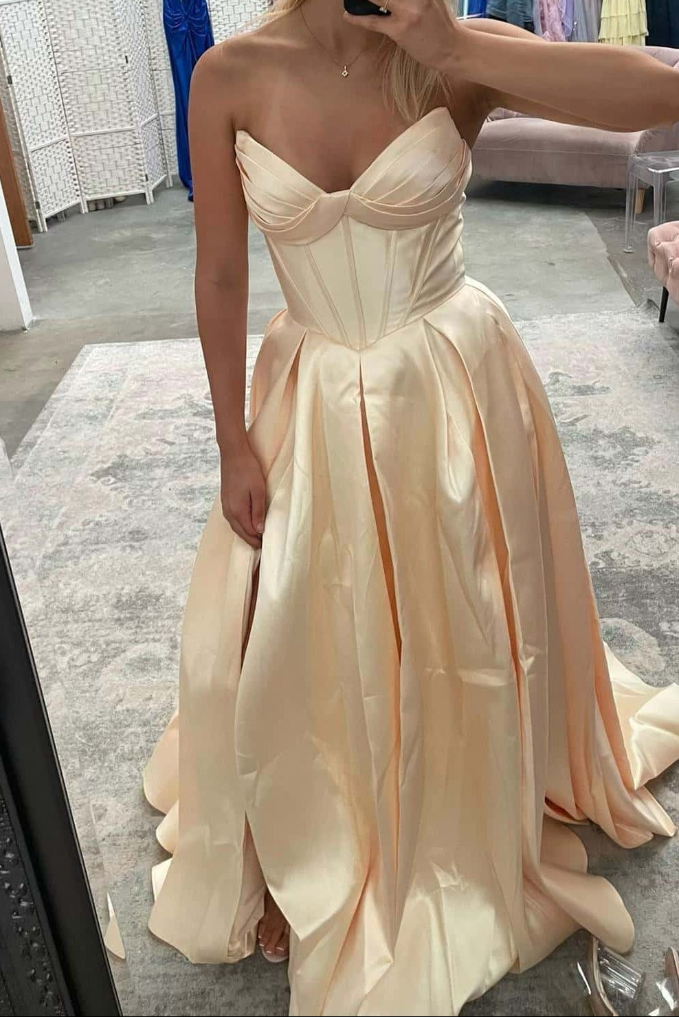 Strapless Pink Pleated A-line Long Dress with Slit