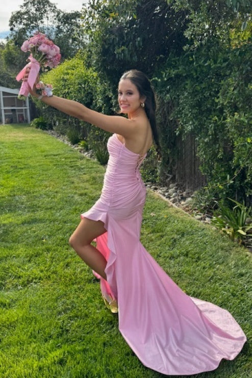 Strapless Pink Pleated Ruffled PromLong Dress with Slit